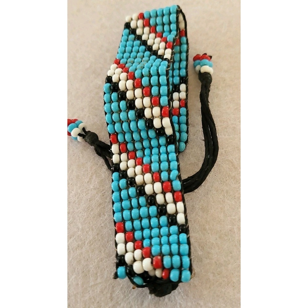 Southwestern Geometric Beaded Loom Bracelet Blue Adjustable Tie Boho Statement